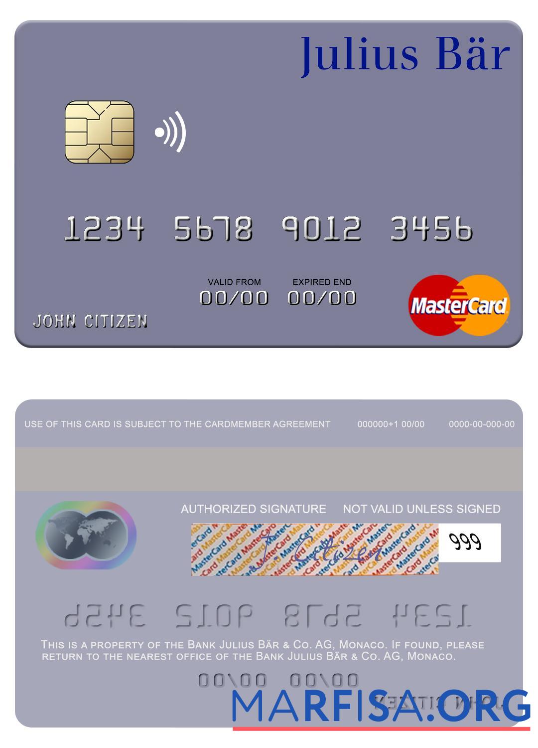 Blank Monaco Julius Bär & Co. AG bank mastercard sample